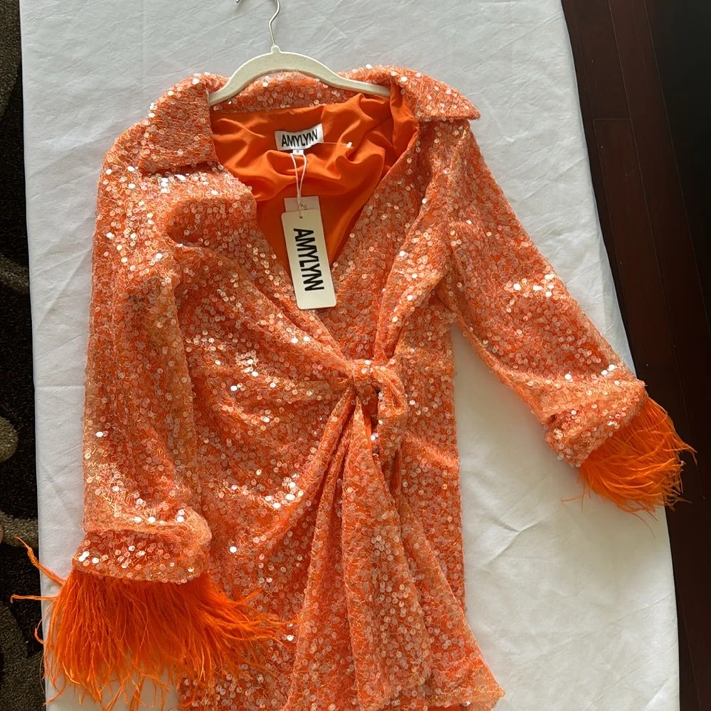 Sequin Wrap Mini Dress In Orange - AMYLYNN DRESSES - Picture 3 of 5